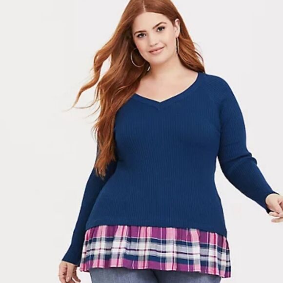 Torrid Blue & Multi Plaid 2fer Pullover Sweater 3 - Picture 1 of 5